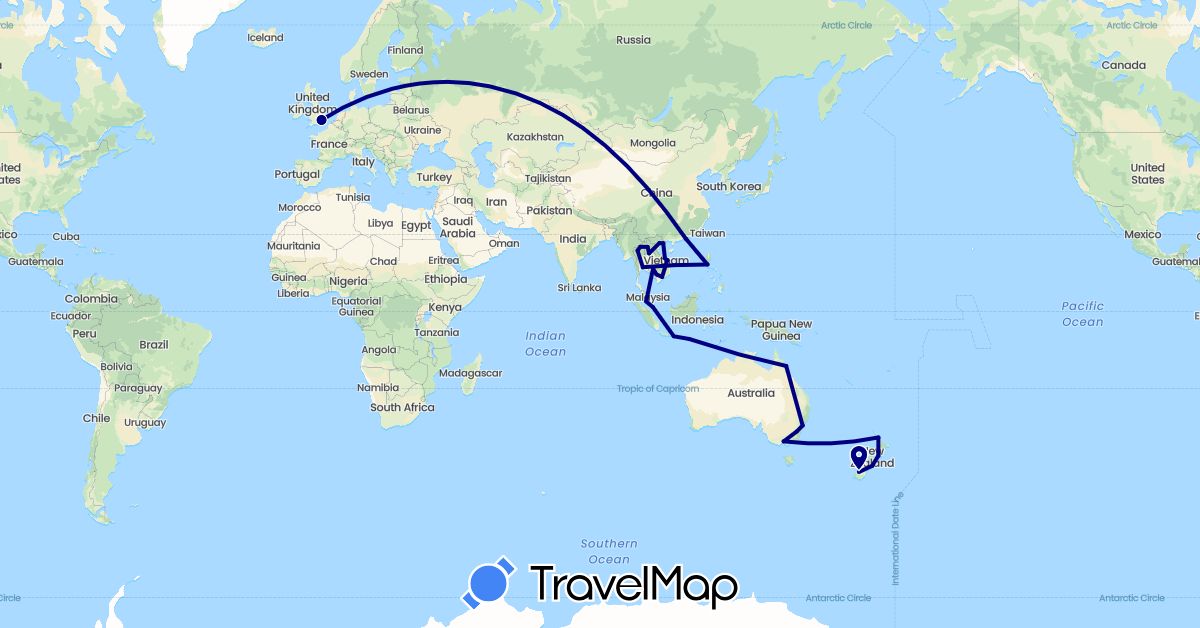 TravelMap itinerary: driving in Australia, China, United Kingdom, Indonesia, Cambodia, Laos, Malaysia, New Zealand, Philippines, Singapore, Thailand, Vietnam (Asia, Europe, Oceania)